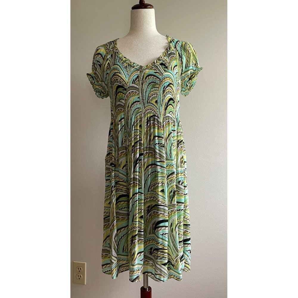 Melissa Paige Smocked Puff Sleeve Dress Womens L Green Print Lined Flowy